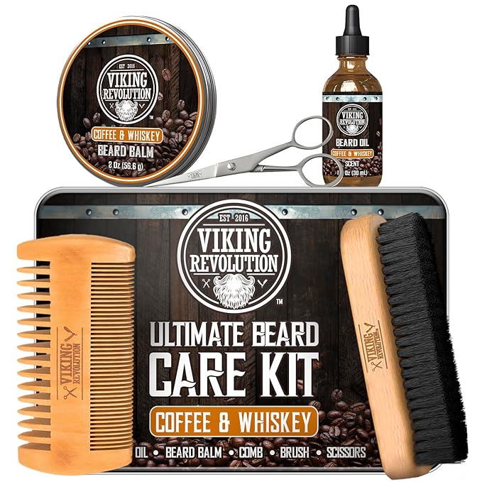 Viking Revolution Ultimate Grooming Kit for Men - Boar Brush, Wood Comb, Scissors for Beard & Mustache