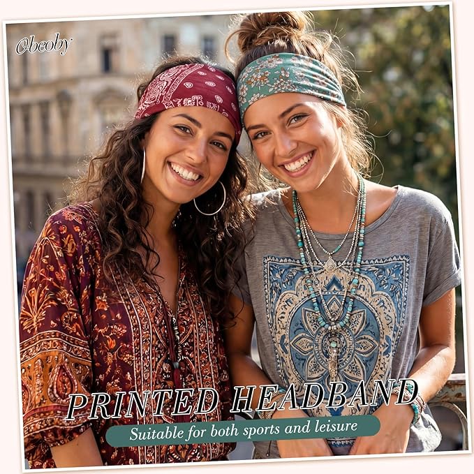 obeoby Boho Style Headbands for Women, 8 Pack Non Slip Headbands Fashion Hippie Clothes Outfit Gift Wide Hairband Hair Wrap