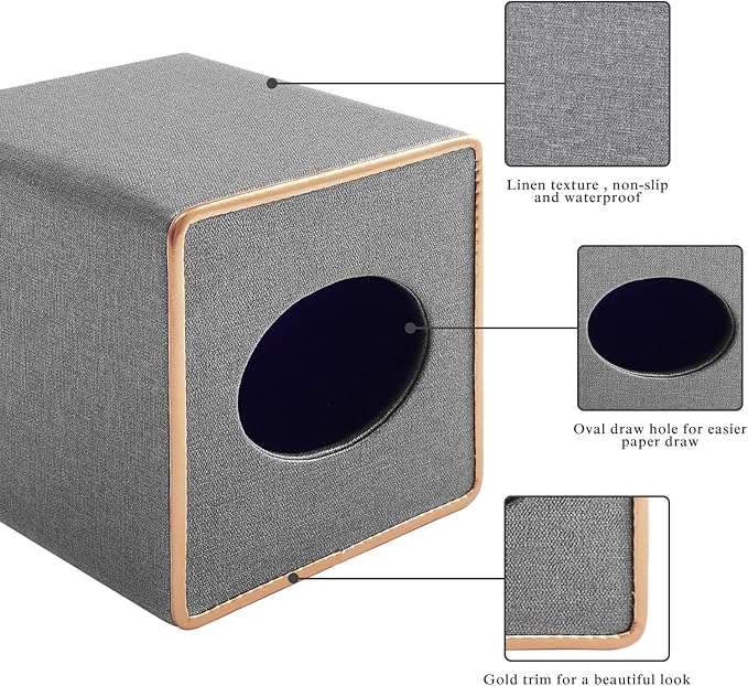 Linen Square Tissue Box Holder Cube Tissue Box Cover－Rosegold Leather Recorate,Napkin Holder Case Dispenser, Tissue Holders with Magnetic Bottom for Home Office Car Hotel Restaurant,Grey