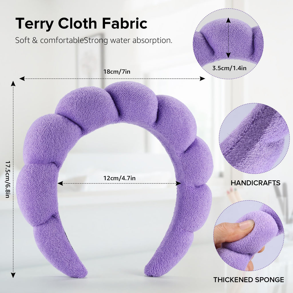 Ztomine Terry Cloth Spa Headbands for Washing Face or Facial, Set of 2, Black & Purple - Puffy Makeup Headbands for Face Washing, Mask, Skin Treatment