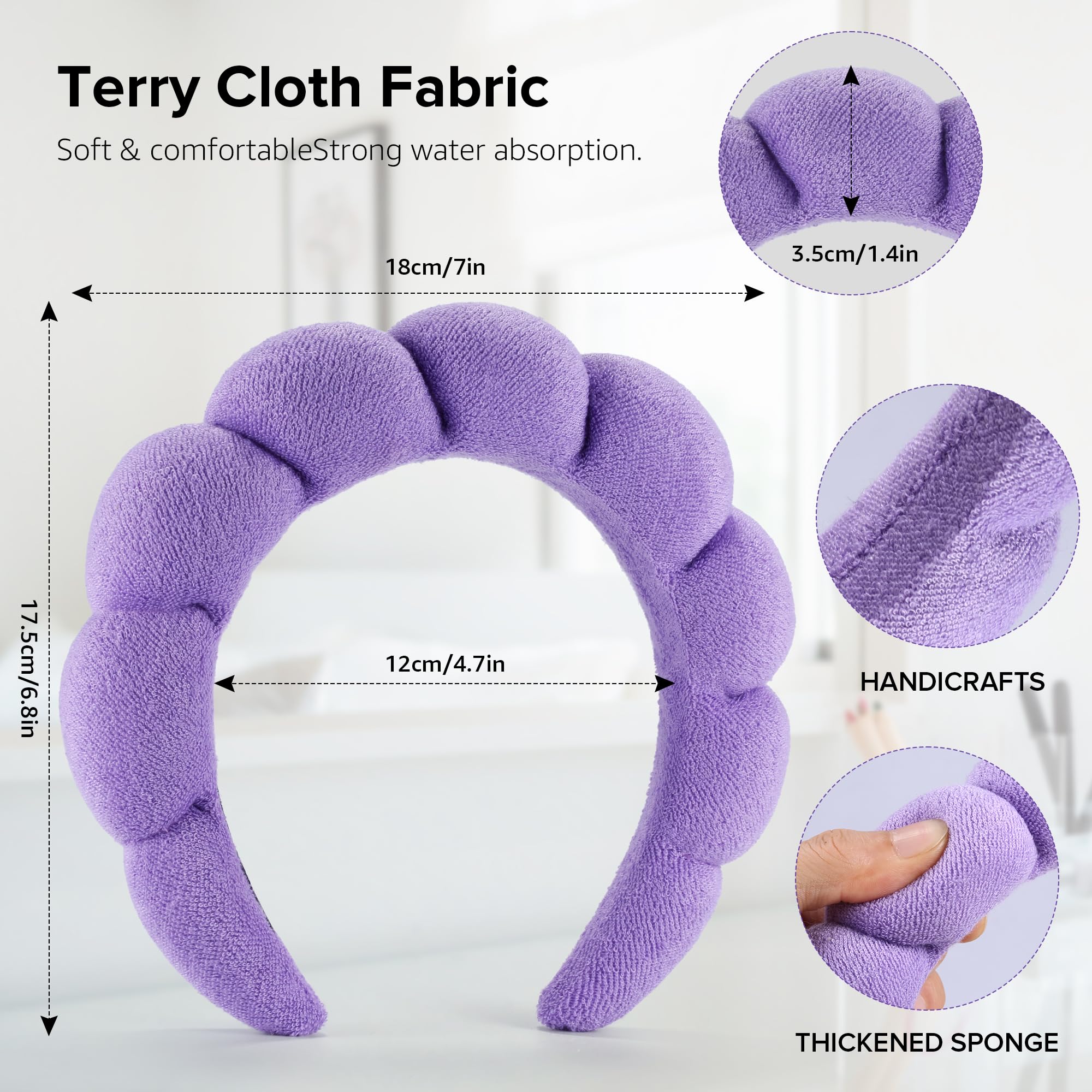 Ztomine Terry Cloth Spa Headbands for Washing Face or Facial, Set of 2, Black & Purple - Puffy Makeup Headbands for Face Washing, Mask, Skin Treatment