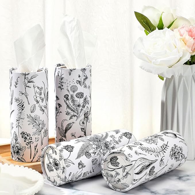 Zonon 8 Pcs Vintage Floral Round Tissues Holder Car Tissues Cylinder with Facial Tissue Bulk Black Flower Tissue Box Travel Tube for Spring Car Decoration with 50 Sheets for Cup Holder Round Container