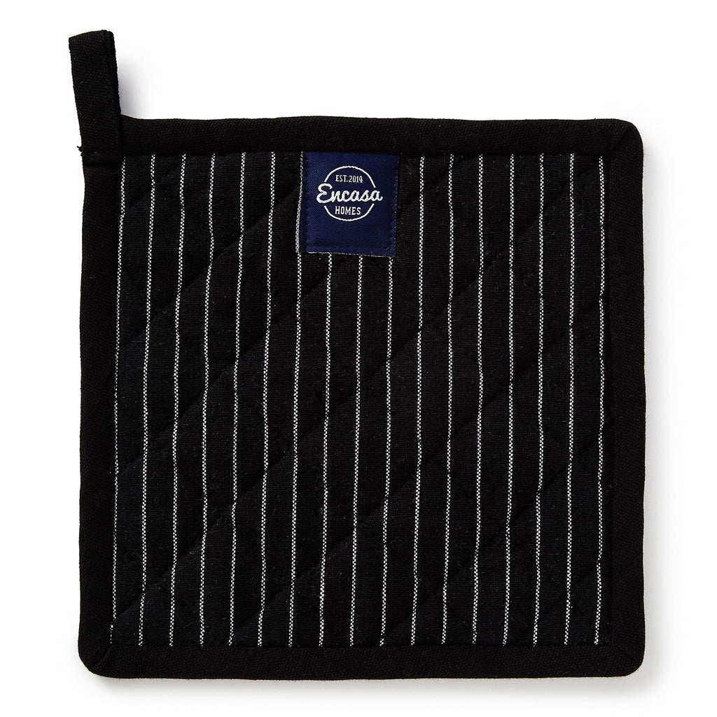 Encasa XO 8 inches Oven Microwave Potholders (2 pc Set) for Kitchen Cooking & Baking - Heat Resistant, Thick & Safe, Protection of Hands from Hot Utensils - Butcher Stripes Black