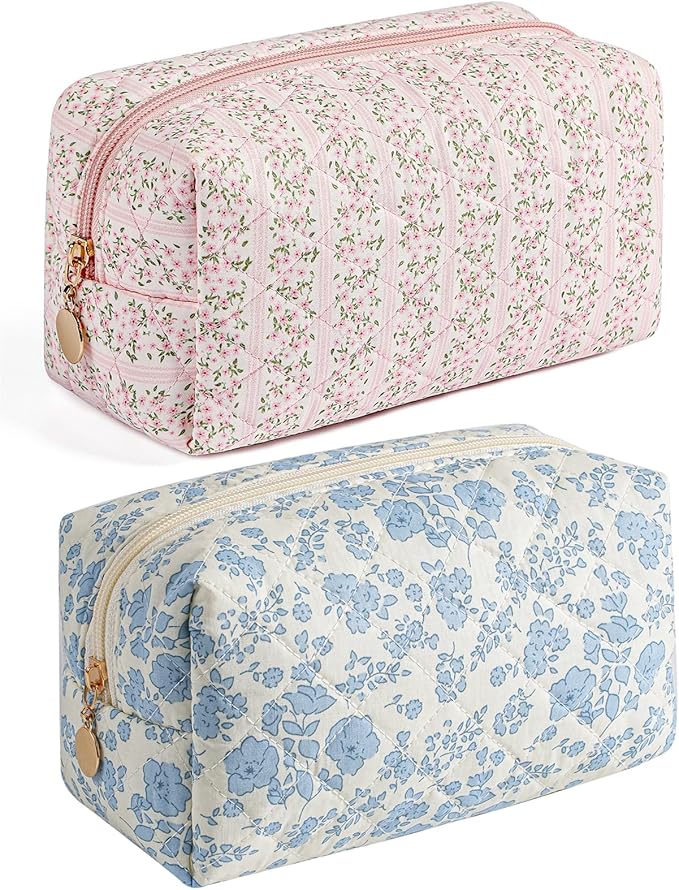 HHQQWZ Makeup Travel Cosmetic Bag, Two Pack: Pink+Blue Floral, Zipper Closure, Durable Polyester, Perfect for Toiletry, Makeup, Travel