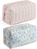HHQQWZ Makeup Travel Cosmetic Bag, Two Pack: Pink+Blue Floral, Zipper Closure, Durable Polyester, Perfect for Toiletry, Makeup, Travel