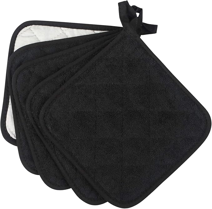 Lifaith Pot Holders for Kitchen, 100% Cotton Terry Pot Holder Set of 5, Heat Resistant Hot Pads for Cooking, Baking, Hot Dishes and Countertop Protection,Black
