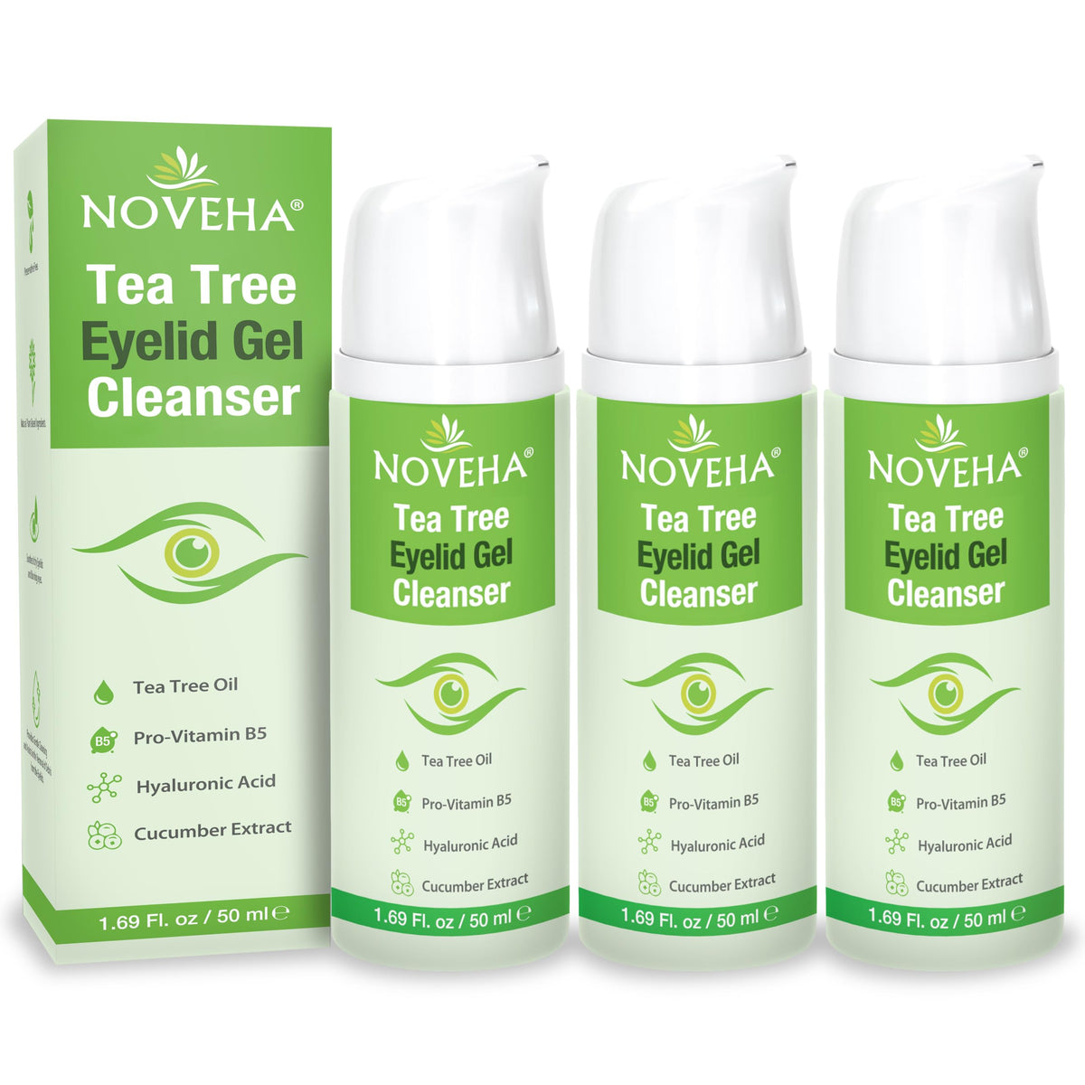NOVEHA Tea Tree Eyelid Gel Cleanser with Pro-Vitamin B5, Hyaluronic Acid & Cucumber Extract – Gentle Daily Cleansing for Eyelids & Lashes – Plant-Based Formula – 50mL