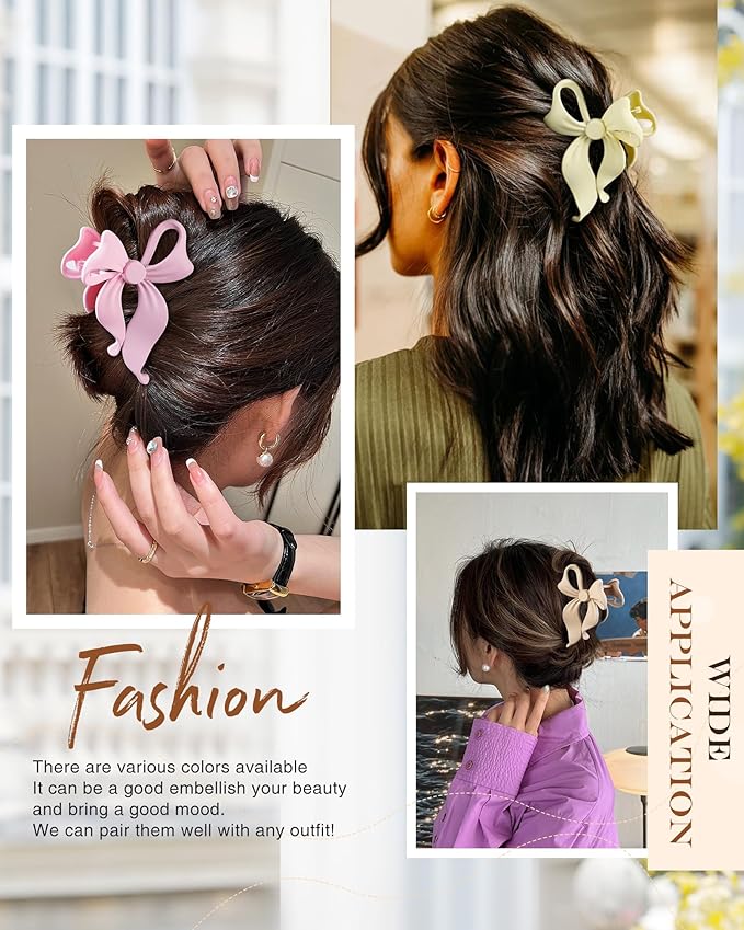 4 PCS Bow Hair Clips Bow Claw Clip for Women, Large Hair Claw Clips for Thin Thick Long Hair Cute Nonslip Bows (Dark Brown+Light Brown+Off-White+Light Pink)