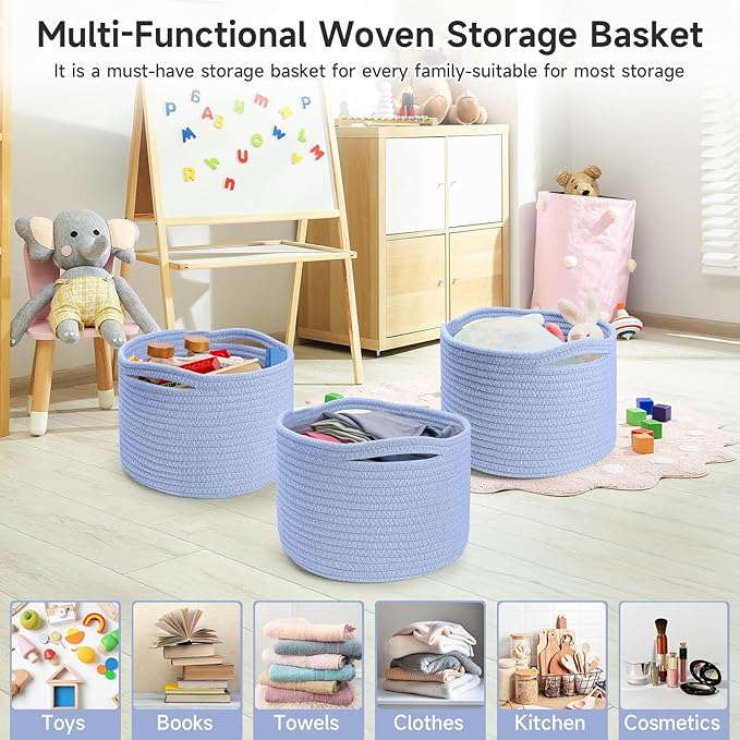 Small Rope Baskets for Storage, Baskets for Gifts Empty, Cute Round Woven Basket, Decorative Shelf Baskets 9.82×9.82×7.1", Cotton Toy Basket Storage Bins for Organizer 3 Packs-Skyblue