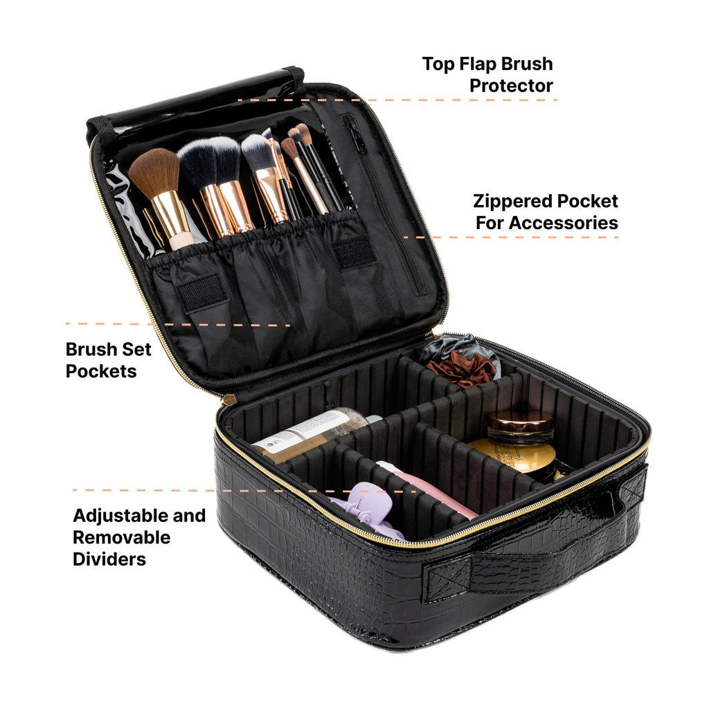 Carrywell Makeup Bag Travel Case, Not-Made In China, Hard Train Case for Cosmetics, Portable Beauty Artists Organizer, Storage Box With Adjustable Dividers For Make Up and Brushes, Small Crocodile