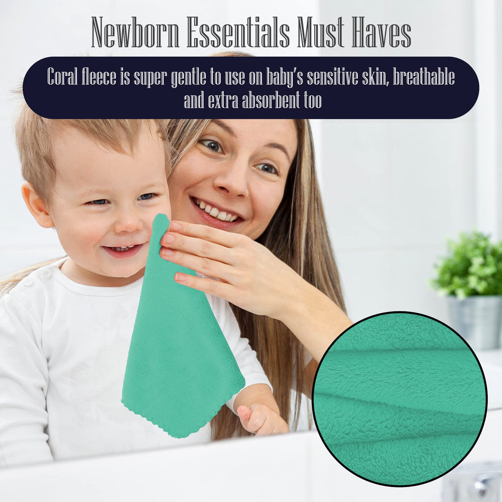 16 Pack Baby Washcloths - 10x10 Inch, Coral Fleece - Extra Absorbent and Soft Wash Clothes for Newborns, Infants and Toddlers - Suitable for Sensitive Skin and New Born - Baby Shower - Aqua Green