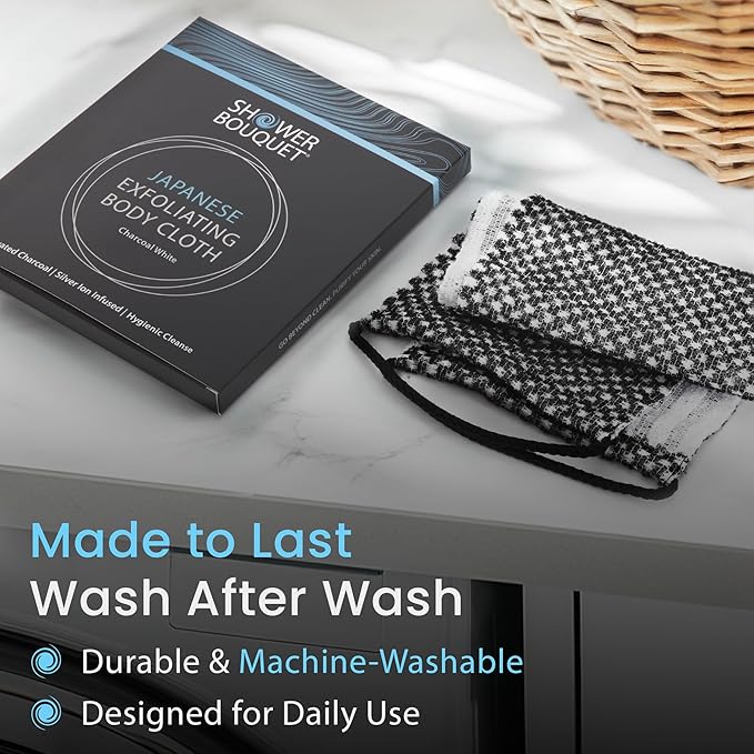SHOWER BOUQUET Japanese-Exfoliating-Washcloth 2-Pack Charcoal & Silver Ion