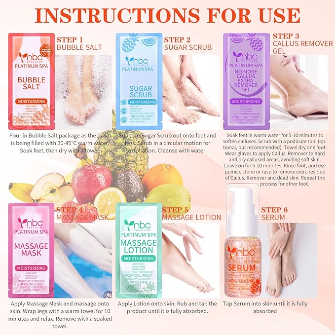 nbc BeautiLab Pedicure Foot Soak Set - Upgraded 6 in 1 Foot Spa, Foot Bath Spa, Pedicure Kit, Foot Soak for Tired & Dry Cracked Feet, Athletes Feet, Bad Odor, Softens Calluses (Tropical fruit)