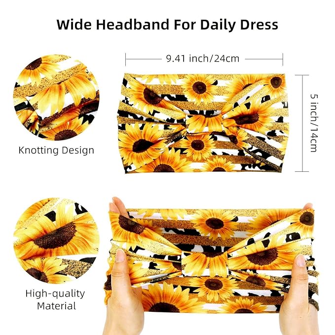 Huachi 4 Packs Boho Headbands for Women Wide Sunflower Thick Head Bands for Women's Hair Flower Printed Elastic Hairbands Large African Sport Yoga Turban Headband Hair Accessories (Pack of 4)