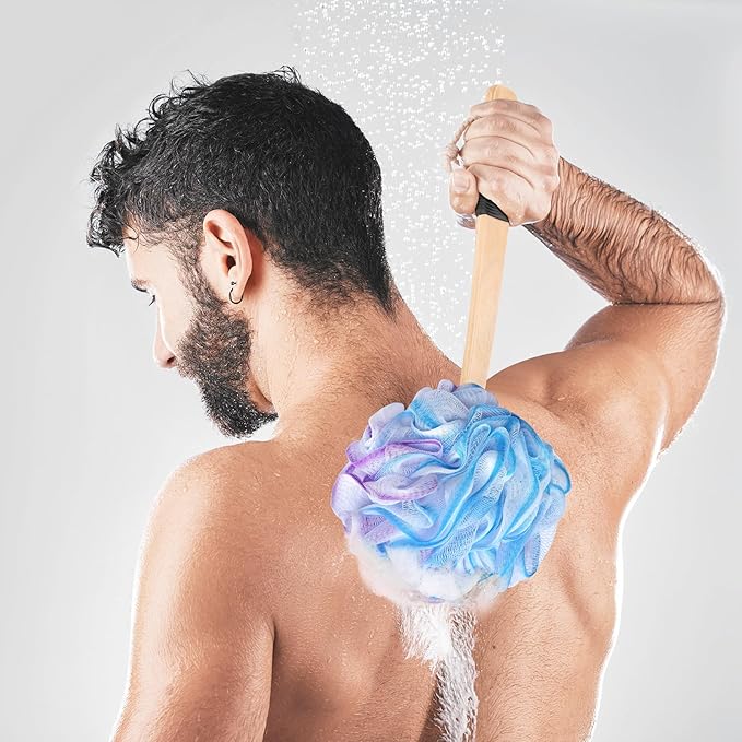 FORENEE Blue, Purple and White Loofah on a Stick, PE Mesh Back Scrubber