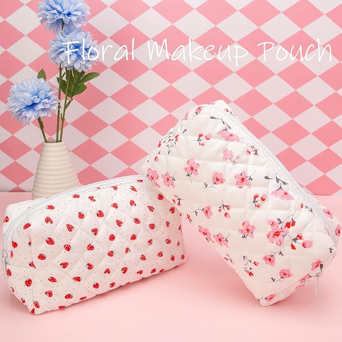 PAZIMIIK Small Quilted Makeup Bag,Zipper Cosmetic Pouch,Myrtle Pink