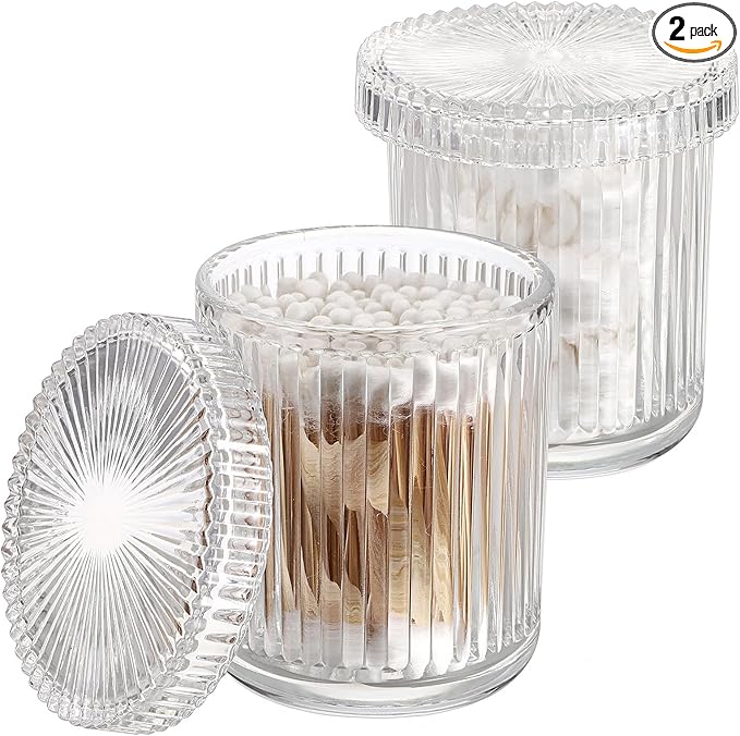 Hipiwe Glass Qtip Holder Dispenser - 2 Pcs Apothecary Jars Set with Lid, Clear Cotton Swabs and Balls Canister, Vanity Makeup Organizers and Storage Bathroom Essentials Accessories Decor