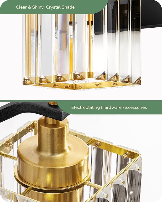 EDISHINE Black Gold Bathroom Vanity Light Fixtures with Crystal Shade, E26
