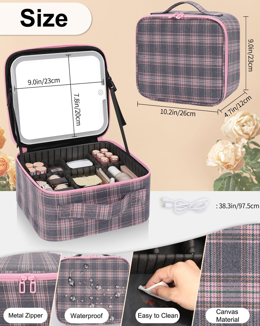 Relavel Travel Makeup Bag With LED Mirror, Portable Cosmetic Organizer Bag with Adjustable Brightness in 3 Color Scenarios, Small Train Case with Detachable Dividers for Trip- Grey Strip