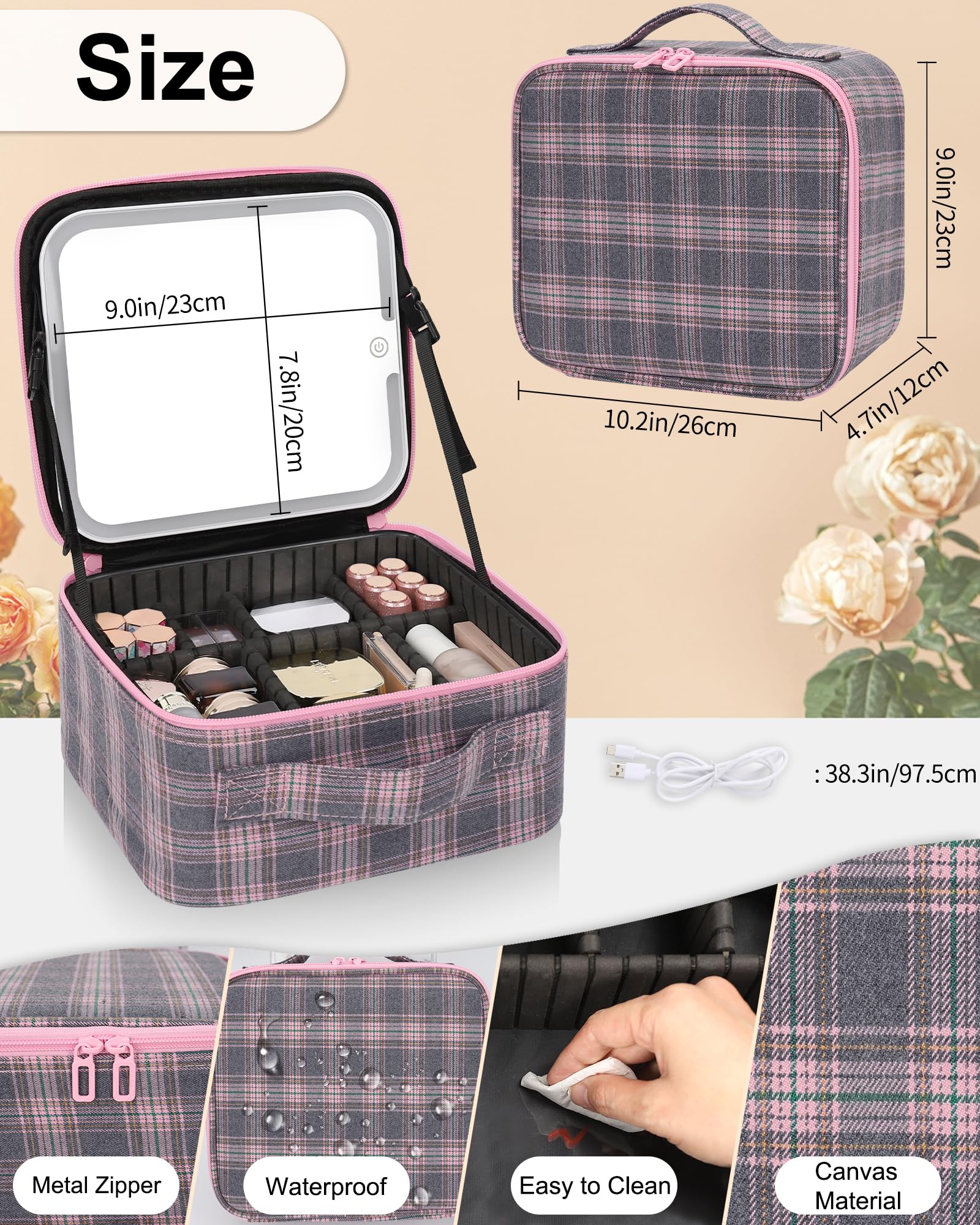 Relavel Travel Makeup Bag With LED Mirror, Portable Cosmetic Organizer Bag with Adjustable Brightness in 3 Color Scenarios, Small Train Case with Detachable Dividers for Trip- Grey Strip
