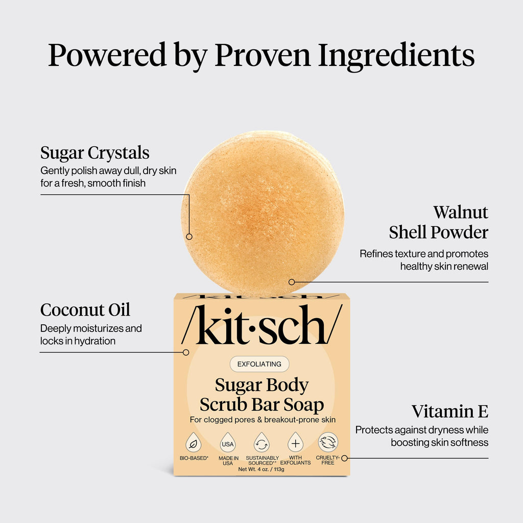 Kitsch Exfoliating Sugar Body Scrub Bar Soap – Polishing Soap Bar with Granules, Walnut Shell & Coconut Oil – Hydrating Exfoliating Body Scrub for Smooth, Glowing Skin Care – Made in the USA - 4 oz