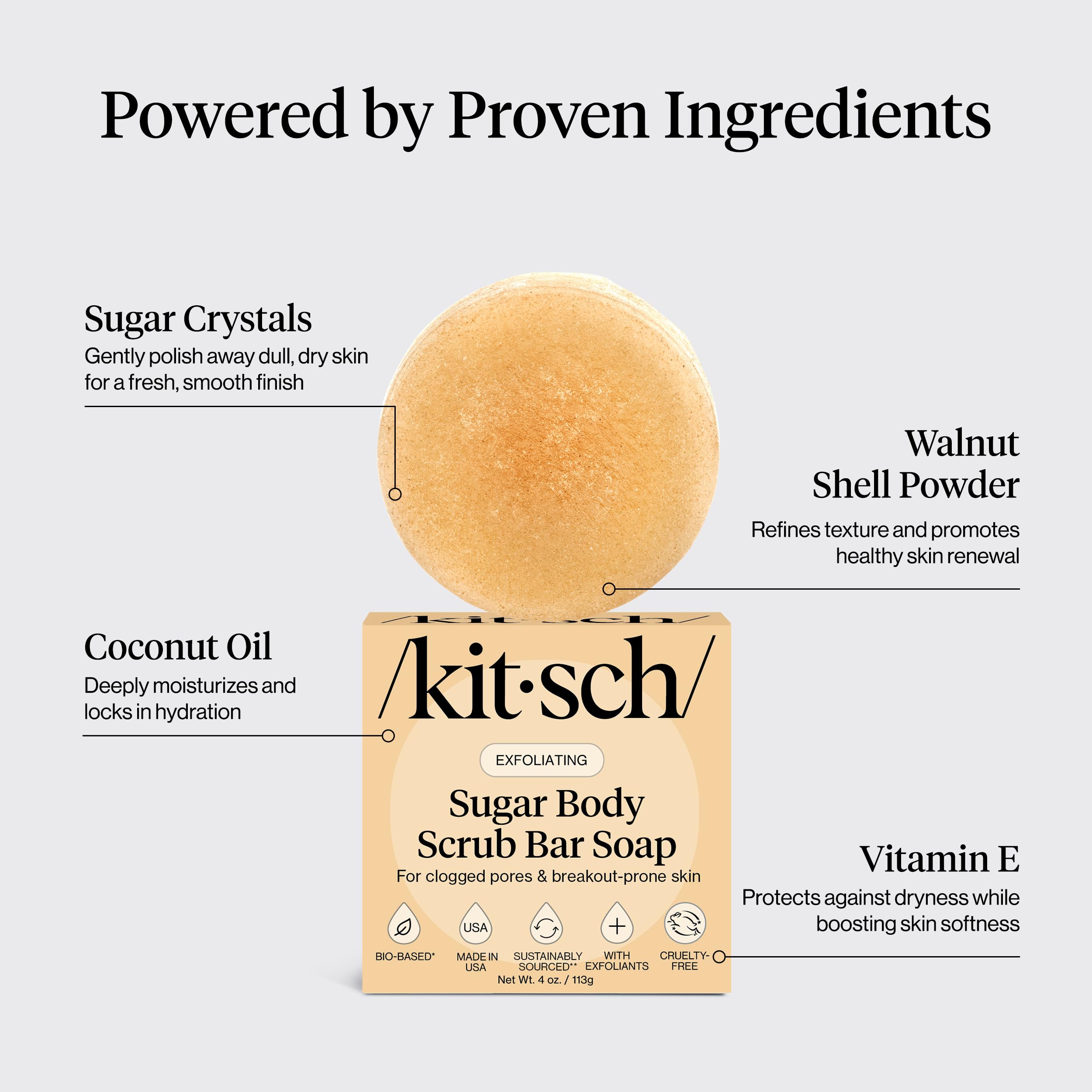 Kitsch Exfoliating Sugar Body Scrub Bar Soap – Polishing Soap Bar with Granules, Walnut Shell & Coconut Oil – Hydrating Exfoliating Body Scrub for Smooth, Glowing Skin Care – Made in the USA - 4 oz