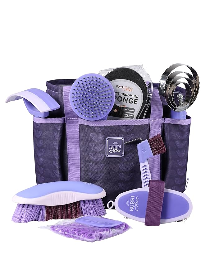 9-Piece Horse Grooming Brush Kit, Silicone Curry Comb & Grooming Brushes for Daily Care, Bathing & Shedding Sugar Taro