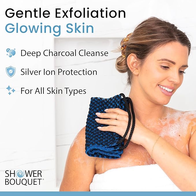 SHOWER BOUQUET Japanese-Exfoliating-Washcloth Back-Body Charcoal Silver Ion
