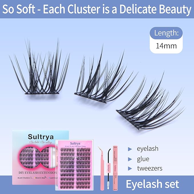 Lightweight Natural Wispy Fluffy Volume Faux Mink Lash Clusters 14mm CUTE Faux Mink Eyelashes DIY Eyelash Extension Kit – Individual False Lashes for Everyday Natural Look (S04 KIT)