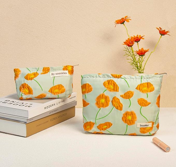 getgto 2 Pcs Makeup Bags, Large Cosmetic Bag Travel Toiletry Bag Organizer for Women, Embroidery Craft, Floral Makeup Bag Small Cosmetic Pouch Purse with Zipper Gifts for Girls Teen
