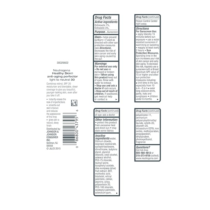 Neutrogena Retinol Treatment & Tinted Facial Moisturizer, Healthy Skin Anti-Aging Perfector, Broad Spectrum SPF 20 Sunscreen & Titanium Dioxide, Blendable Sheer Coverage, 30 Light to Neutral, 1 fl. Oz