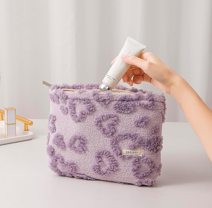 getgto 2 Pcs Makeup Bags, Large Cosmetic Bag Travel Toiletry Bag Organizer for Women, Plush Makeup Bag Small Cosmetic Pouch Purse with Zipper Gifts for Girls Teen