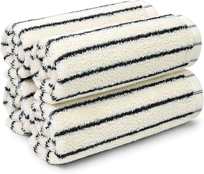 Jacquotha Striped Cotton Washcloths 4 Pack, 13” x 13” - Soft Wash Cloths for Bathroom, Kitchen, Gym, Face, Black and Cream