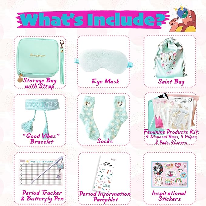 First Period kit for Girls | 23 PC Period Packs for Young Girls First Time | First Period Gift for Teen Girls with Sanitary Pad Storage Bag, Wipes, Bracelet, Eye Mask, Socks and More(Mint)