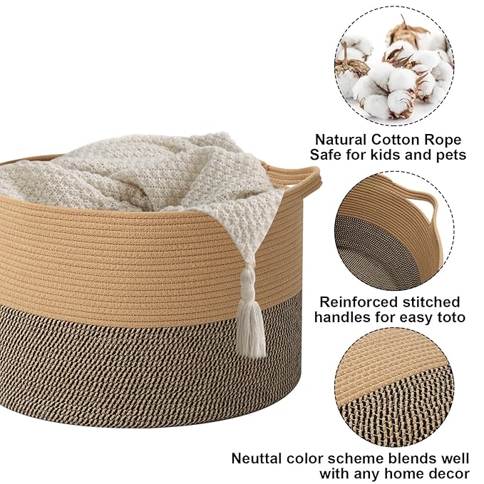 65L Large Blanket Basket,19.7" L x 19.7" W x 13" H Rope Woven Baskets with Handles, Toys Storage Bins,Laundry Basket Perfect for Living Room, Nursery,Bedroom,Home Organization,Jute&Black