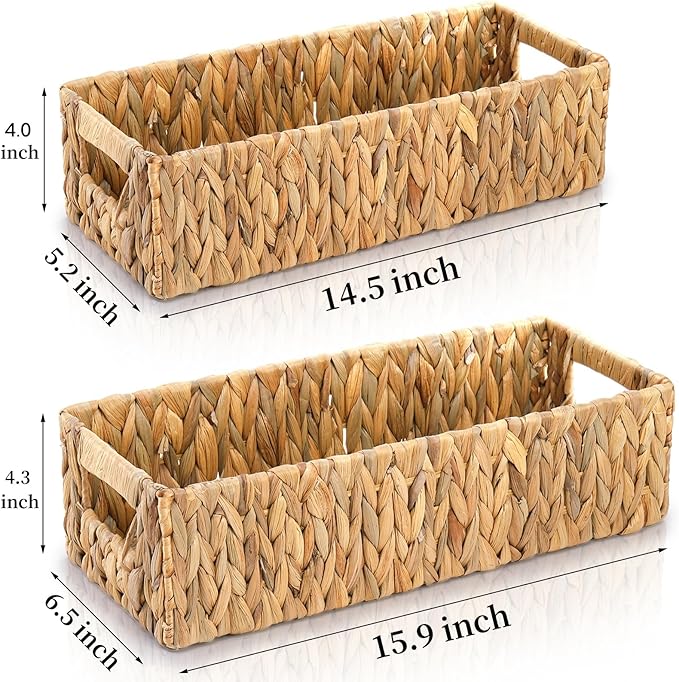 2 Pack Wicker Storage Baskets, Water Hyacinth Holder for Toilet Paper, Rectangular Natural Bins with Built-in Handles, Handwoven Organizer for Bathroom Kitchen Pantry Tank Top, 2 Sizes