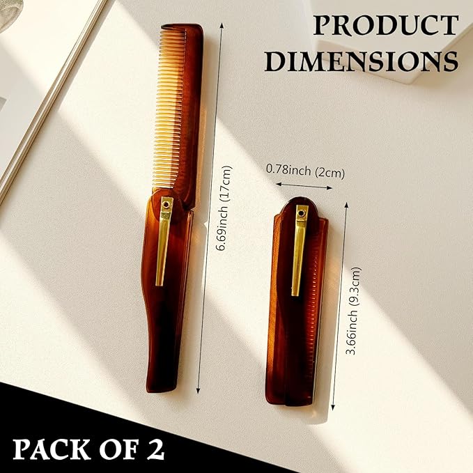 Men's Handmade Folding Pocket Comb, 6.69-Inch Amber Finish, Fine Tooth Comb for Hair, Beard, and Mustache Grooming