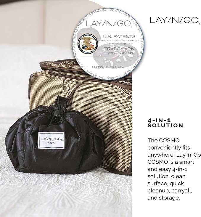 Lay-n-Go Cosmo Layflat Drawstring Cosmetic & Makeup Bag Organizer w/Zipper Pocket, Brush Loops & More, Cinch to Close, Lay Flat to Use, Durable, Machine Wash, Travel Toiletry Bag (20", Black/White)