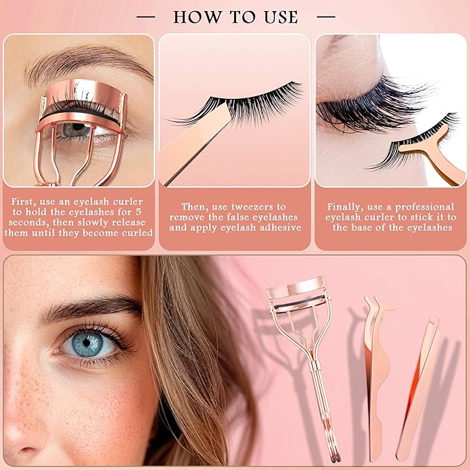 Eyelash Curler Tool - 3-in-1 Professional Eyelash Curler Lash Lift Kit Lash Curler, Professional Kit,Eyelash Extension Tweezers - Includes Replacement Pad for Home & Travel Uses,Rose Gold