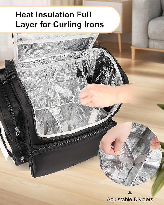 Relavel Hair Tools Travel Bag Hair Stylist Backpack Hairdresser Cosmetology Bag, Heat Insulation Full Layer for Curling Iron, Hair Straightener, Travel Accessories Train Case Barber Organizer, Black