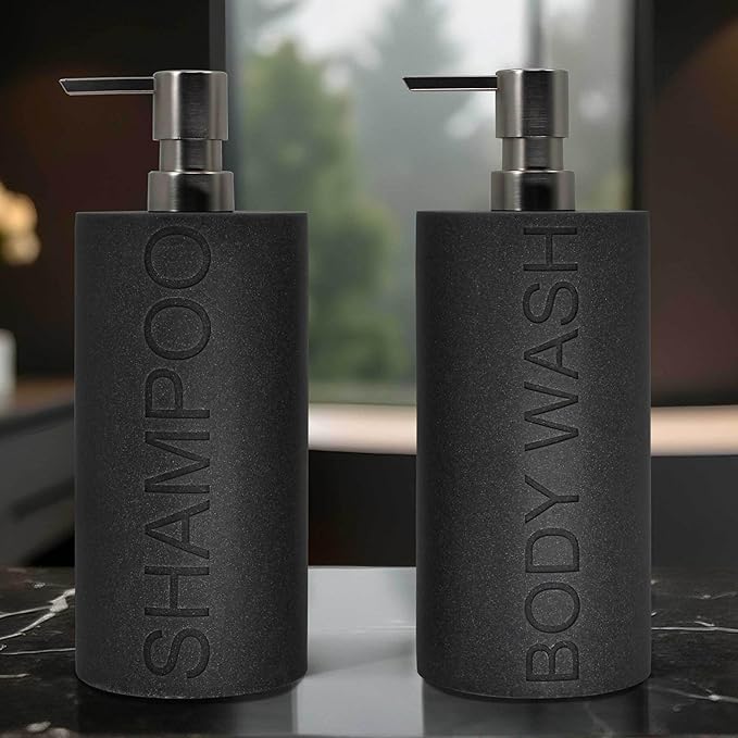 Indecor Home Resin 2 Pack Shampoo, Conditioner or Body Wash Dispenser Set, Luxurious Refillable Pump Bottles with Matte Pump Top and Embossed Text, Durable Design for Bathroom and Shower