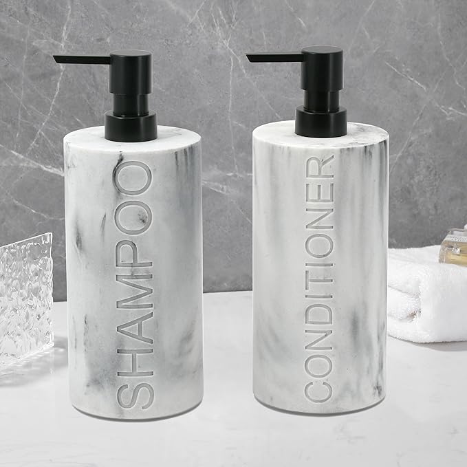 Indecor Home Marble Resin 2 Piece Shampoo and Conditioner Dispenser Set, Luxurious Refillable Pump Bottles with Matte Pump Top and Embossed Text, Durable Design for Bathroom and Shower