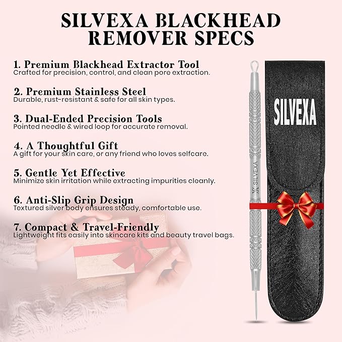 Blackhead & Whitehead Pore Cleaning Tool – Stainless Steel Comedone Extractor for Facial Skincare – Double-Ended Tool with Storage Case by SILVEXA