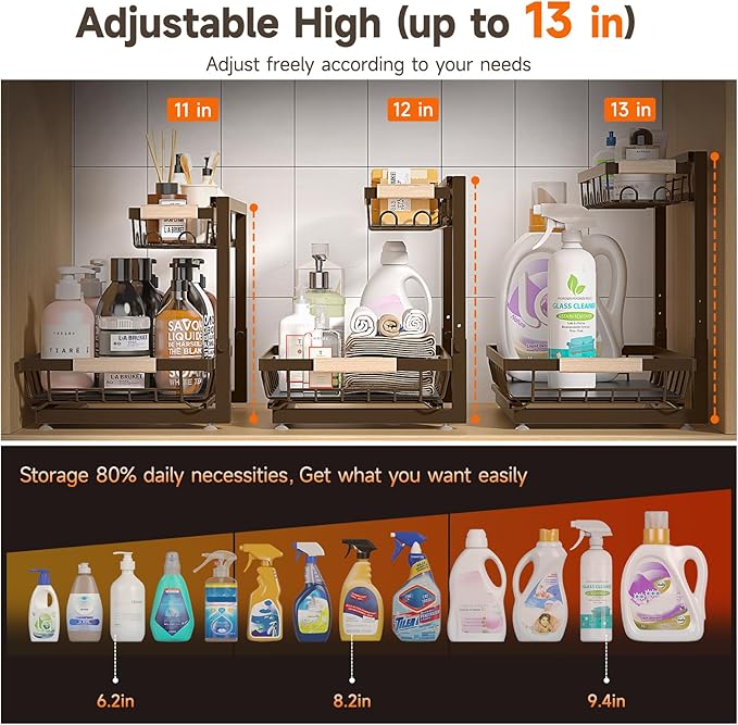 Sevenblue 2 Packs Under Sink Organizer, Height Adjustable 2 Tier Under Kitchen Sink Organizer, Multi-Purpose Storage Shelf for Kitchen Bathroom Cabinet (Brown, Extra Large)