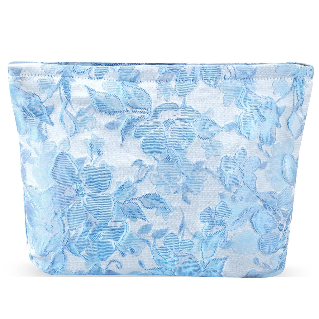 ZLFSRQ Flower Makeup Bag Travel Cute Floral Cosmetic Bags for Women Large Toiletry Pouch Zipper Cosmetic Pouch for Purse Aesthetic Embossed Blue Makeup Organizer Bag Portable Toiletry Bags