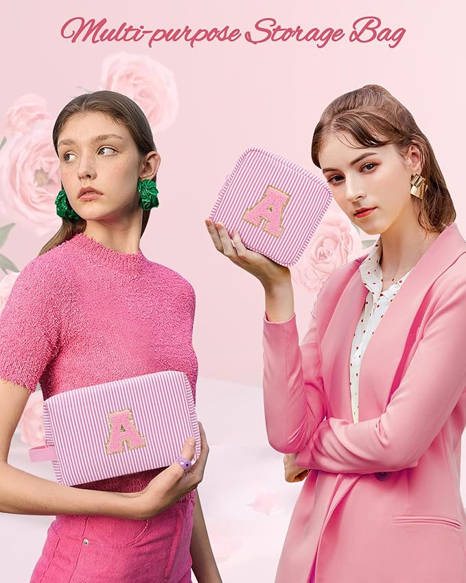 MONSTINA Personalized Initial Makeup Bag for Women,Make Up Case for Girlfriend Bridesmaid Wife,Birthday Gift for Her Cute Toiletry Bag,2PCS,Pink G