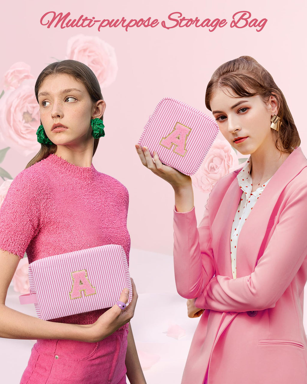 MONSTINA Initial Period Bag Sanitary Napkin Storage Bag Tampon Pouch Portable Feminine Care First Period Kit for Teen Girls Women Gift for Her Cute Toiletry Bag,2PCS,Pink O