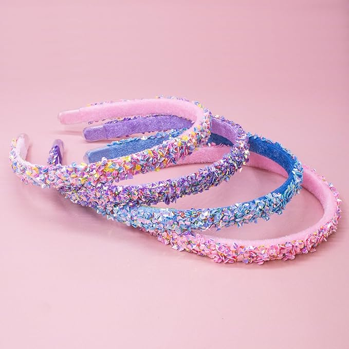 FROG SAC 4 Thin Headbands for Girls - Sequin Headband Set for Kids, Sprinkle Hair Bands for Children, Cute Sparkly Glitter Girl Non Slip Headband, Toddler Hair Accessories (Multicolor Sequin, Kids)