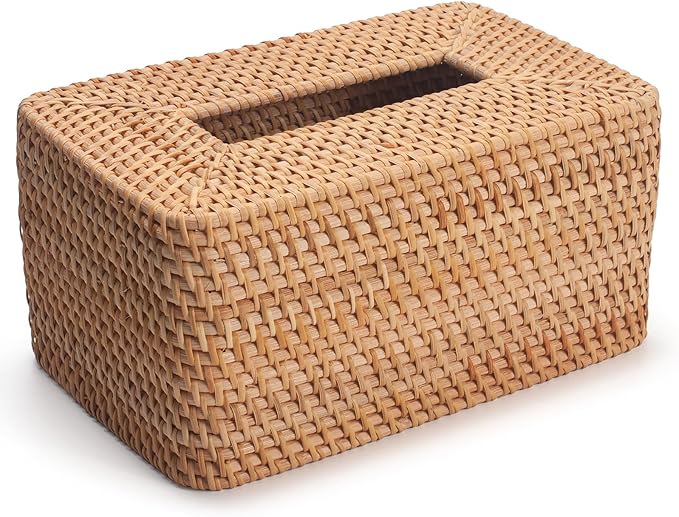 Rattan Tissue Box Cover, Rectangle Wicker Tissue Box Holder, Boho Tissue Box Cover for Living Room, Bathroom, Kitchen, Bedroom, 10.2 x 6.2 x 5.3 inch, Natural