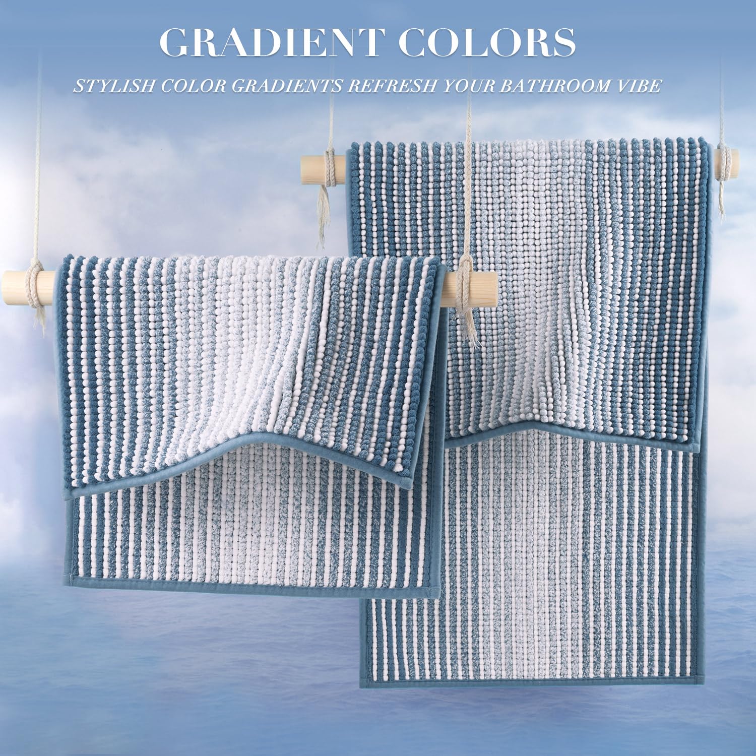 BSICPRO Bathroom Rugs and Mats Sets, 2 Piece Thick Absorbent Chenille Bath Mat Rug Set Non Slip, Soft Shaggy Bath Room Floor Mats for Bathroom, Machine Washable (Fog Blue, 20" x 60" Plus 20" x 32")